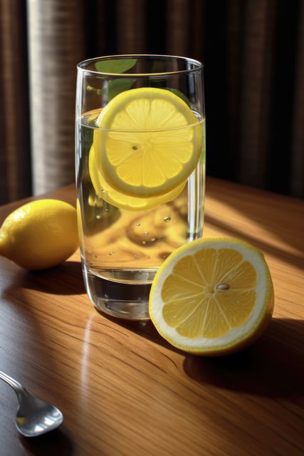 Glass of lemon juice and lemons on wooden surface, created using generative ai technology. Juice, drink and refreshment concept digitally generated image.