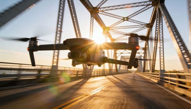 Hovering quadcopter drone capturing steel truss bridge at golden hour with lens flare