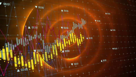 Dynamic Financial Data and Graphs on Orange Technological Background