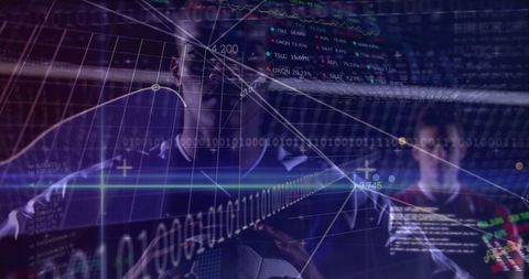 Athlete holding soccer ball amidst futuristic digital interface