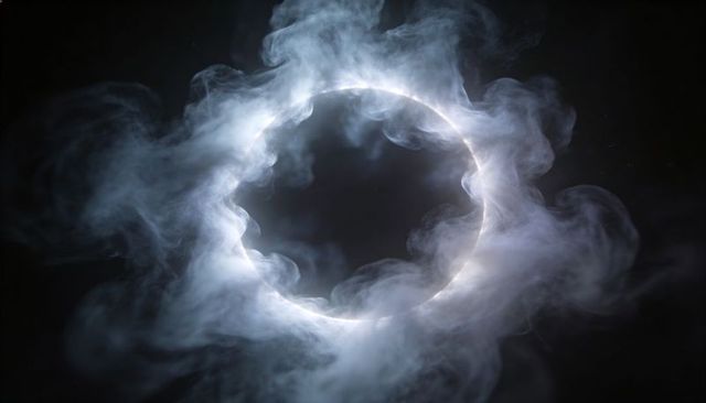 Luminous smoke ring halo with ethereal mist and glowing particle highlights on dark void
