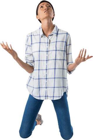 Transparent Worried Young Woman Gesturing in Blue Plaid Shirt