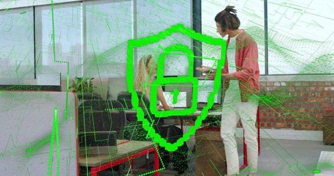 Colleagues Collaborating and Showing Device in Open Office with Holographic Security Shield