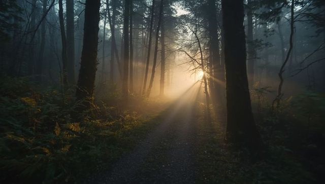 Ethereal Sunbeams Through Misty Forest Path at Sunrise