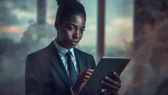 Businesswoman Engaging with Digital Technology in Modern Office Environment