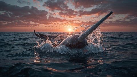 Majestic Narwhal Diving into Ocean Sunset