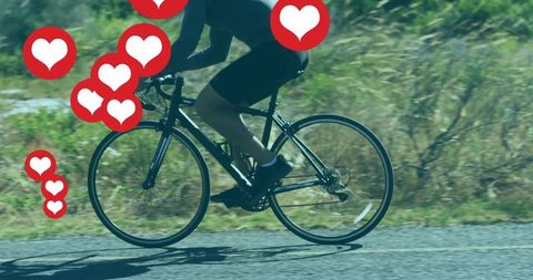 Male Cyclist Riding on Rural Road with Social Appreciation Overlay