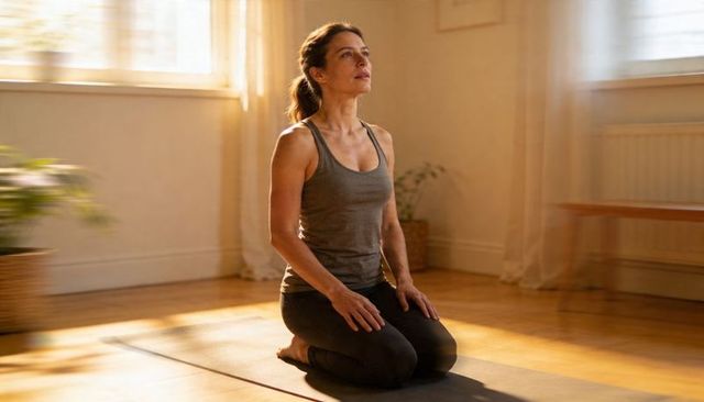 Sunlit Home Yoga Kneeling Pose Woman Practicing Mindful Stretch on Mat in Minimalist Room