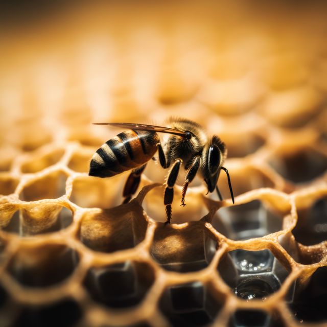 Close up of bee on honeycomb created using generative ai technology. Nature, animals and insects concept digitally generated image.