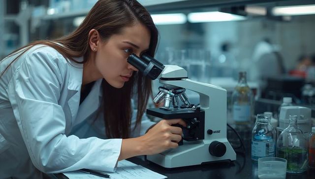 Focused female researcher peering into microscope in modern laboratory with notes
