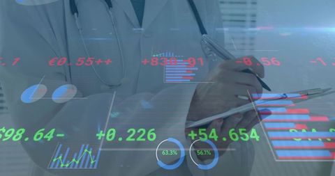 Clinician Writing Clipboard with Augmented Health Analytics, Futuristic Data Visualization