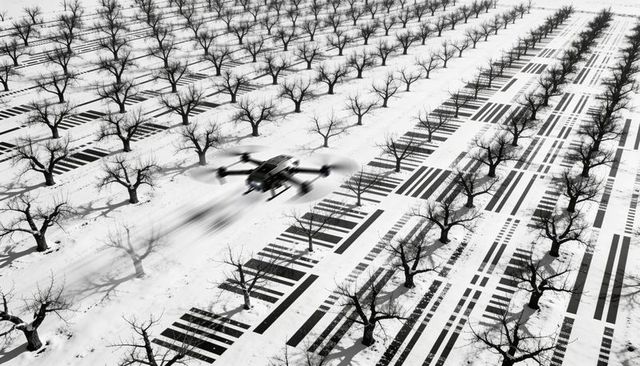 High-speed multirotor drone surveying geometric orchard rows in snowy winter aerial grid