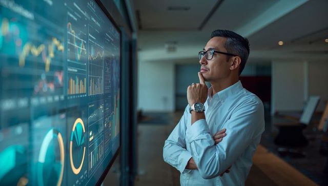 Asian professional analyzing financial dashboard on large interactive screen in boardroom