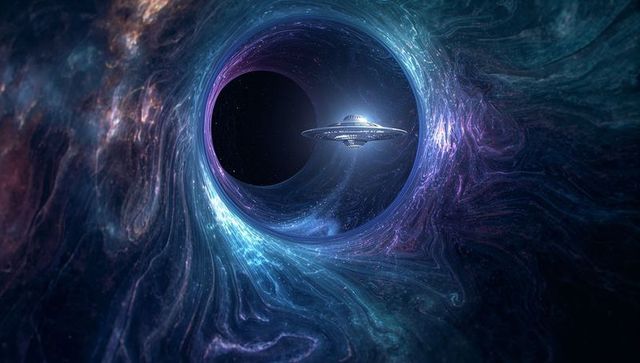 Futuristic spacecraft entering wormhole in deep space