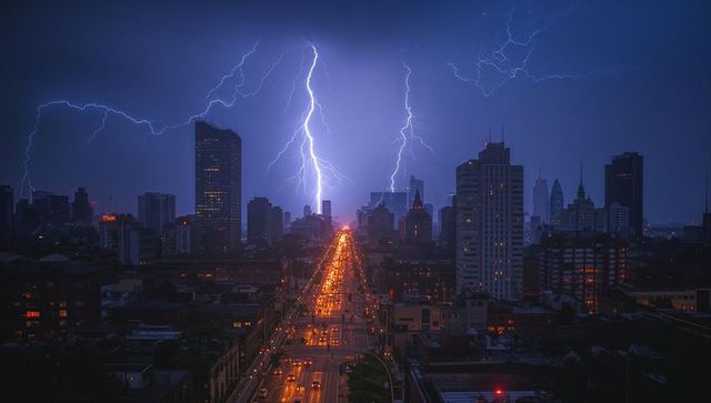 Dramatic Night Skyline with Lightning Over City