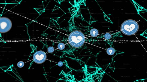 Futuristic Digital Network with Heartbeat Icons