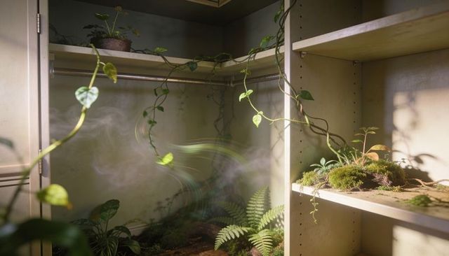 Heartleaf vines climbing inside sunlit closet terrarium with moss, ferns and mist