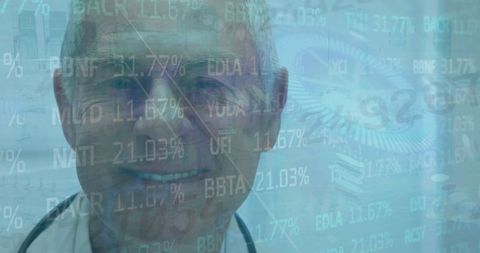 Senior doctor with holographic medical data in ct room