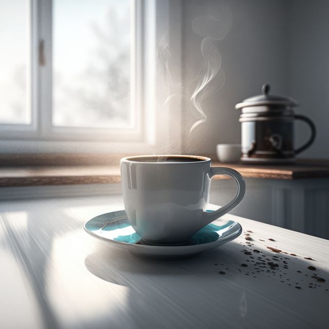 Steaming Hot Coffee Cup on Sunlit Kitchen Table - Download Free Stock Images Pikwizard.com