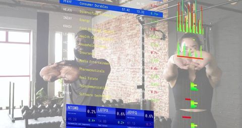 Partners stretching in industrial gym with augmented reality data overlay and dumbbells