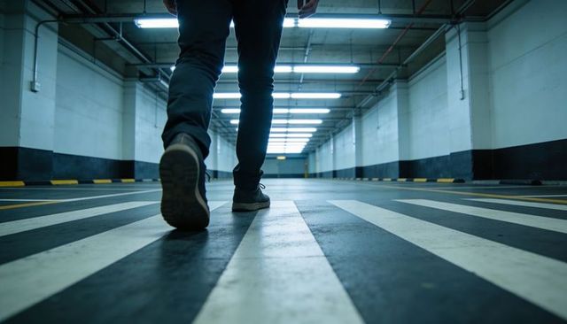 Walking away down empty underground parking garage with dramatic crosswalk perspective