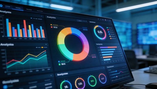 Analytics dashboard with colorful donut chart, time series and gauges in control room
