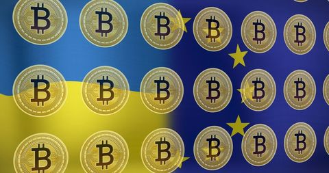 Bitcoin Overlapping Ukraine and EU Flags Symbolizing Economic Link
