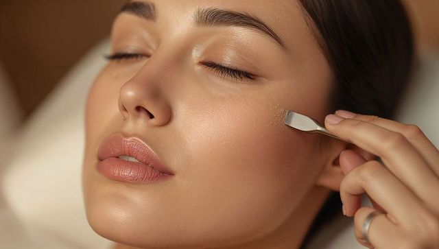 Closeup young woman receiving professional facial scrub microdermabrasion for glowing skin