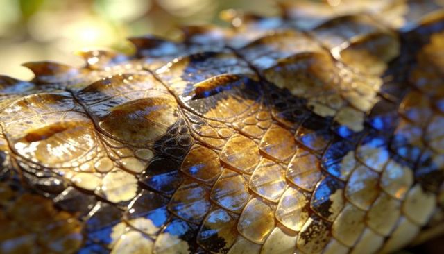 Iridescent snake scale macro showing golden and blue mosaic texture with glossy sheen