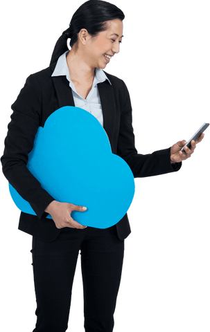 Businesswoman engages with mobile holding blue cloud symbol transparent design