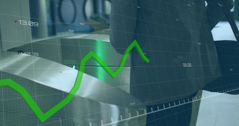 Green line chart fluctuating over grid dashboard overlay for finance technology analytics