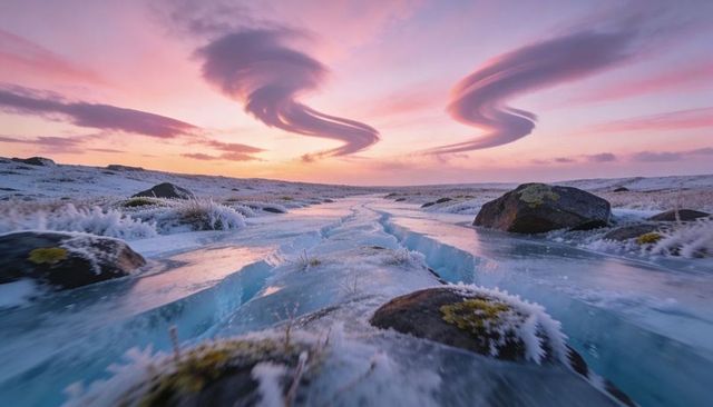 Icy crevasse cutting across frozen tundra at pastel sunrise with swirling lenticular clouds