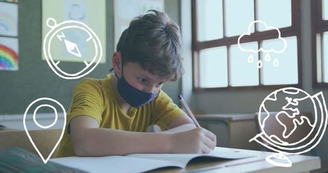 Schoolboy Studying with Mask and Educational Icons Overlay