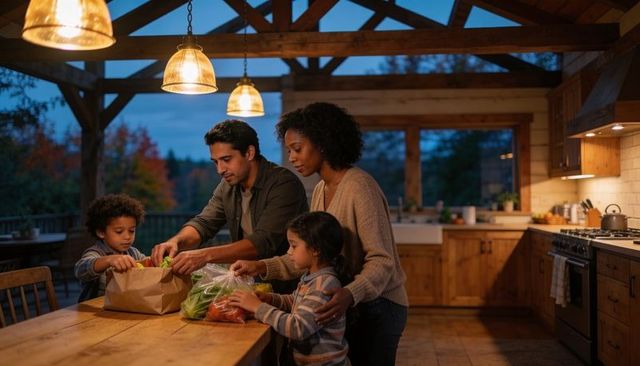 Family unpacking fresh produce at rustic farmhouse kitchen island during twilight