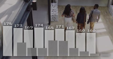 Professionals walking with shoulder bags overlaid with graph