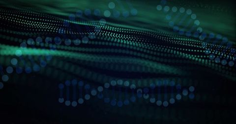 Neon Green and Blue Digital Waveforms with Dotted Helix Chains and Particle Glow