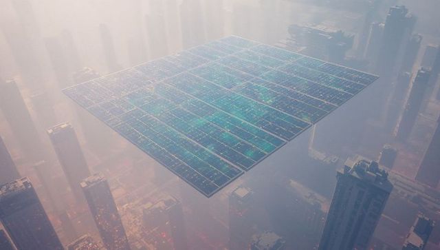 Futuristic solar panel array hovering above smoggy city skyline