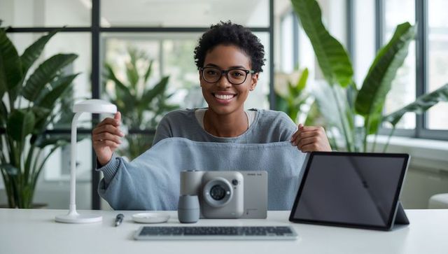 Smiling woman presenting light-blue sweater with instant camera and tablet for online apparel demo