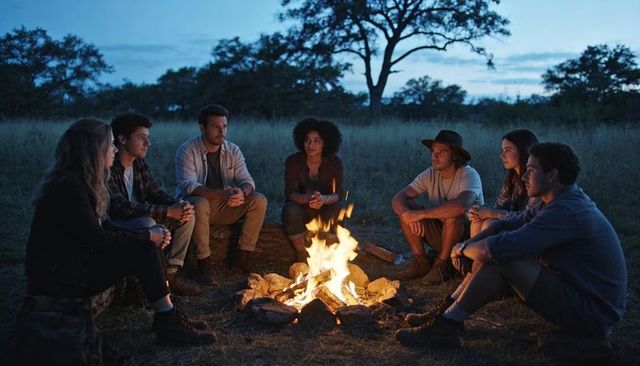 Friends gathering around campfire at dusk sharing stories, firelight and outdoor adventure