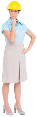 Caucasian Female Worker Pensive in Helmet Transparent Background