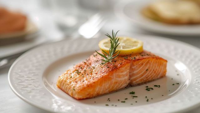 Seared salmon fillet with lemon slice and rosemary garnish on white plate