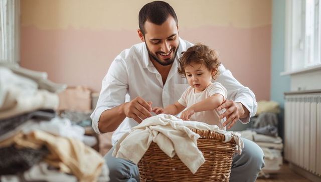 Father guiding toddler to load laundry basket, sharing gentle bonding moment during chores