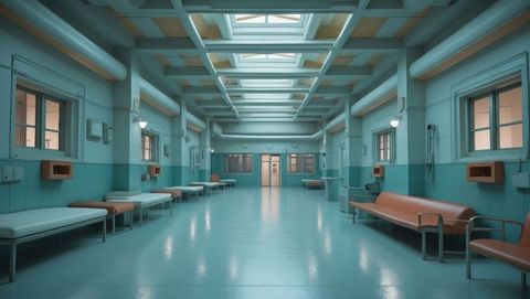 Modern mental institution corridor with examination beds and skylights