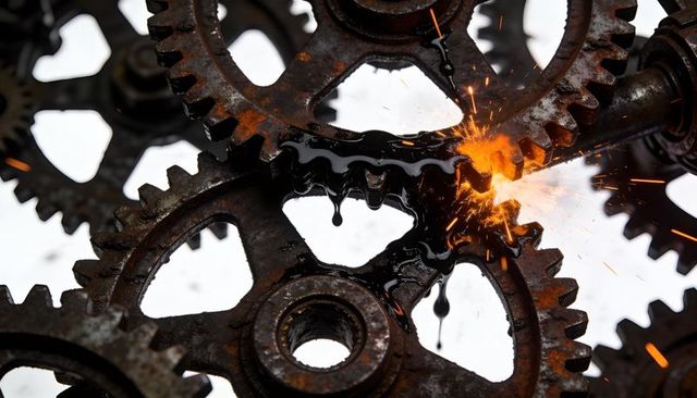 Sparks and oil dripping on rusted interlocking steel gears during metalworking