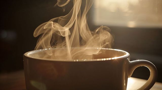 Morning Steam Rising From Ceramic Mug Backlit by Warm Sunrise Light