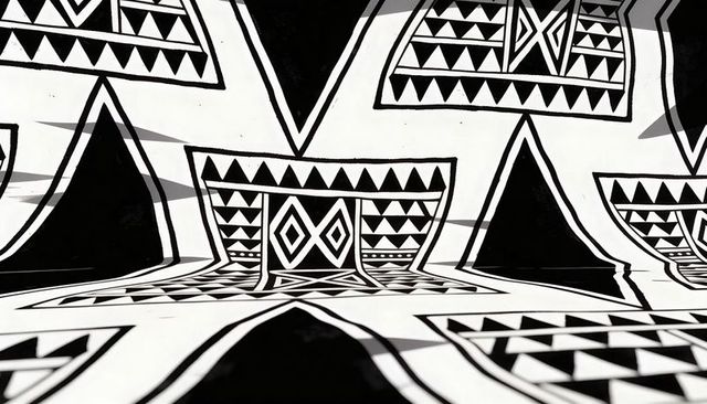 Monochrome tribal geometric textile featuring bold triangles diamonds and chevron bands