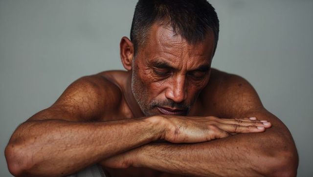 Introspective shirtless middle-aged indian man resting on folded arms, closeup portrait