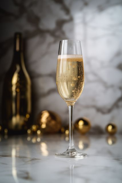 A champagne glass filled with sparkling wine standing on a marble table. The glass is surrounded by gold decorations, including a bottle in the background and metallic ornament balls. This image is ideal for use in advertisements for luxury products, New Year's Eve celebrations, weddings, or festive events. Its elegant composition makes it perfect for promoting high-end restaurants, bars, or luxury goods.