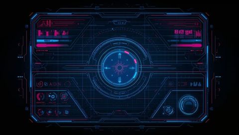 Displaying Neon Cyber HUD Control Panel with Central Reticle, Data Panels and Gridlines