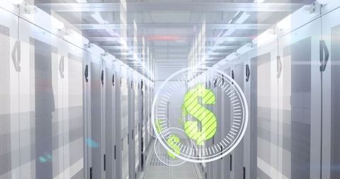 Digital dollar symbols over server rows in data center
